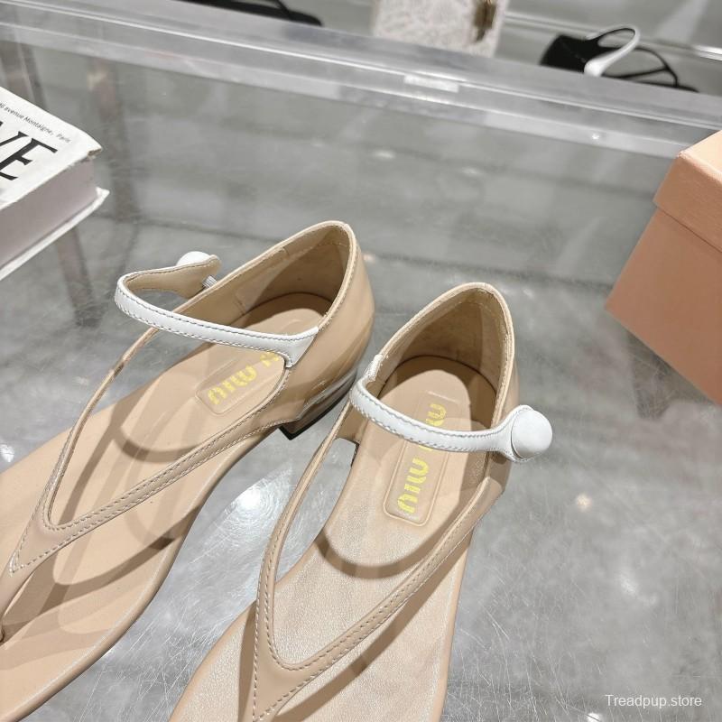 2025 Women MiuMiu Beige Leather T-Strap Sandals With Clear Heel KFY00289(F)