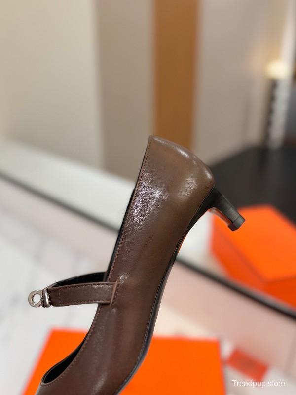 2025 Women Hermès Brown Leather Mary Jane 4cm Heel KFY00330