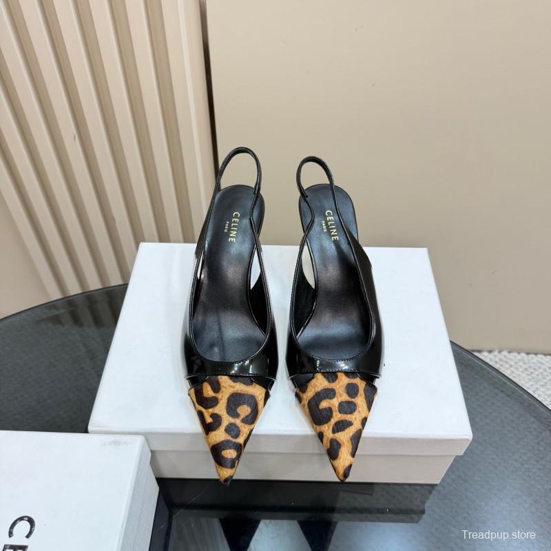 2025 Women CELINE Black Leopard Print Patent Leather Slingback Pumps