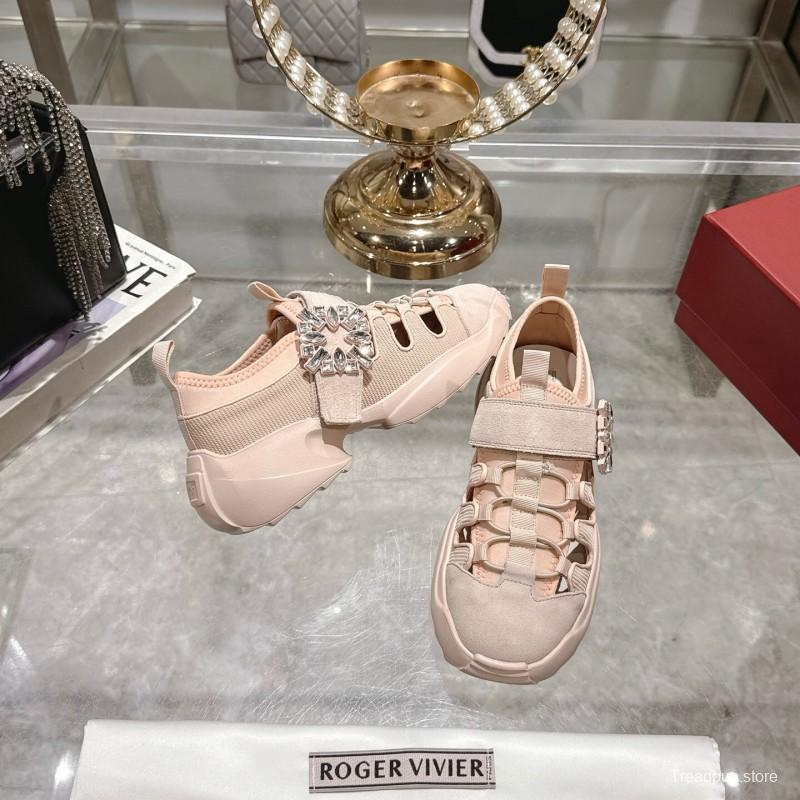 2025 Women Roger Vivier Pink Knit Suede Sneakers Crystal Buckle LY00300