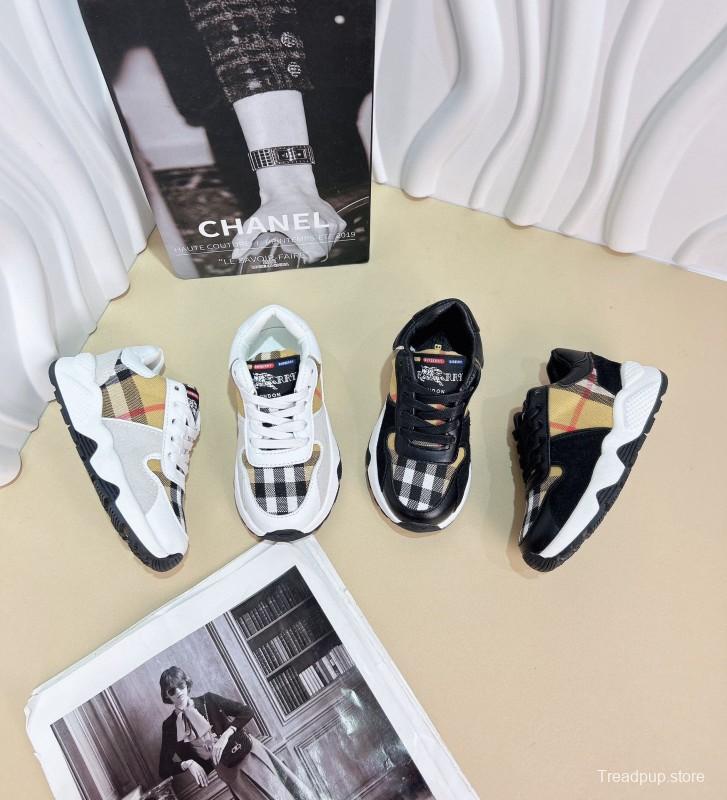 2024 Kids BURBERRY Beige White Black Leather Fabric Sneakers