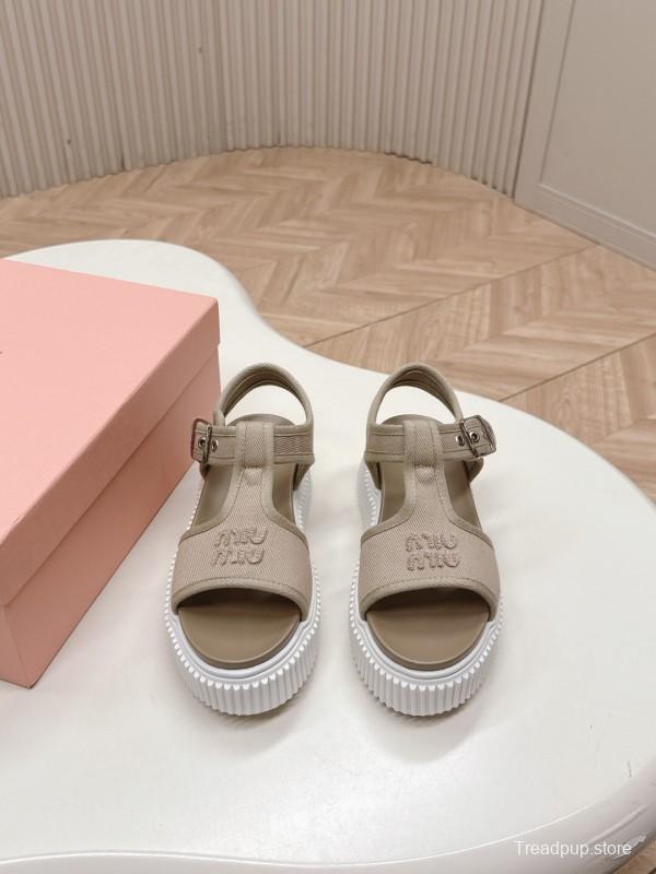 2025 Women Miu Miu Beige Canvas Sandals Buckle LY00360