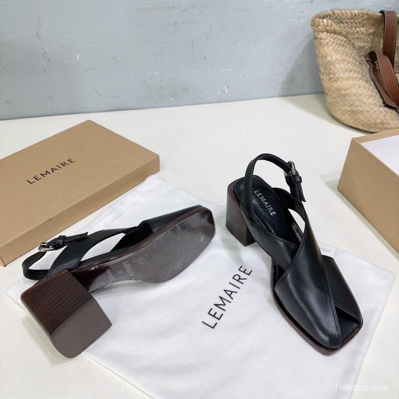 2025 Women Lemaire Black Leather Block Heel Sandals