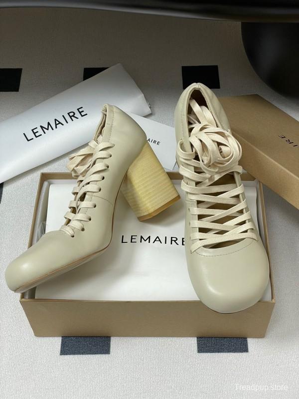 2025 Women Lemaire Ivory Leather Round Toe Block Heel Lace Up KFY00310