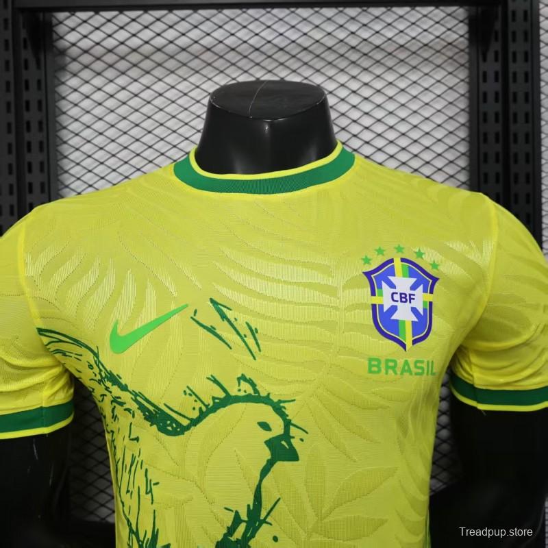 Player Version 2025 Brazil Yellow with Green Animal Pattern Jersey