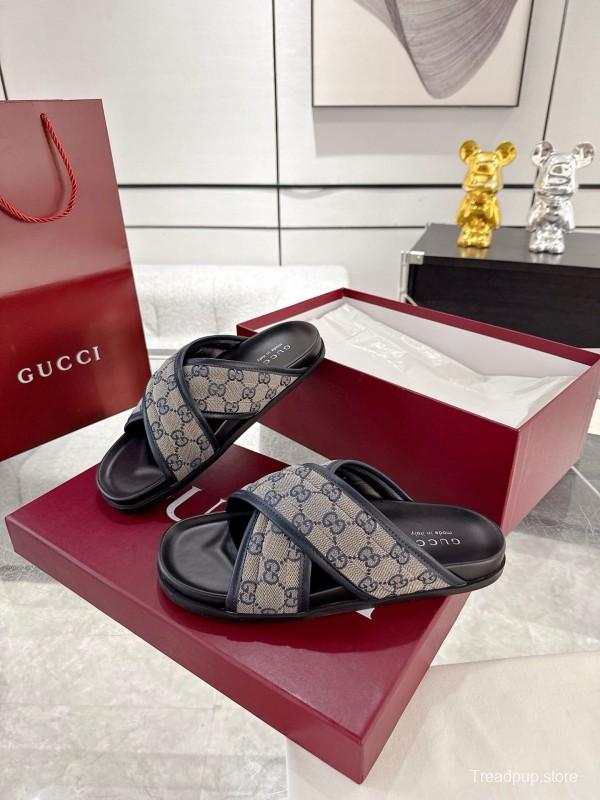 2025 Unisex Gucci Grey Black Canvas Slippers Double G Embossed AS00240