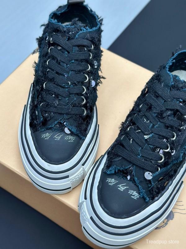 2025 Unisex XVESSEL Black Canvas Plimsolls Distressed Artistic AS00260
