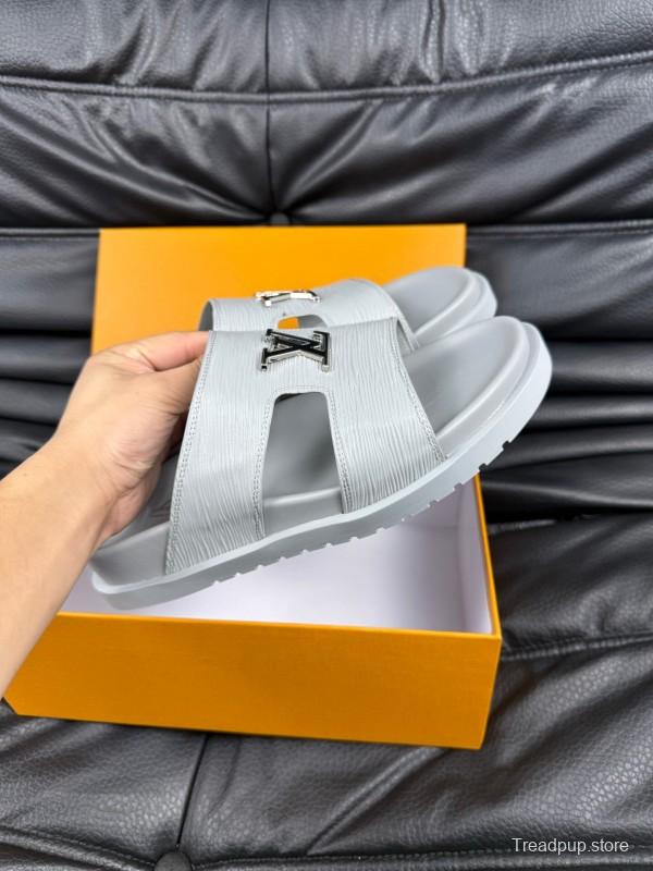 2025 Men Louis Vuitton White Leather Slippers AS00170