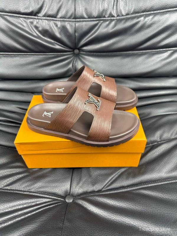 2025 Men Louis Vuitton Brown Leather Slippers AS00170