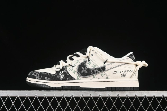 Nike SB Dunk Low LV Collaboration Strap Weave Black White Swoosh Anniversary Custom Low-Top Casual Skate Shoes - YX5066-338