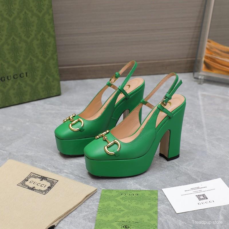 2025 Women Gucci Green Leather Platform High Heels KFY00320