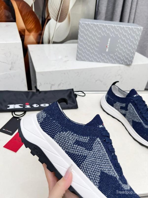 2025 Unisex Kiton Blue White Knit Sneakers AS00320