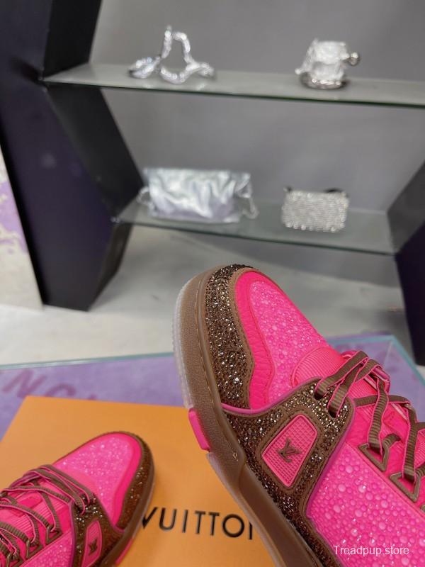 2025 Unisex Louis Vuitton Pink Brown Leather Canvas Plimsolls Handcrafted Crystals AS00400
