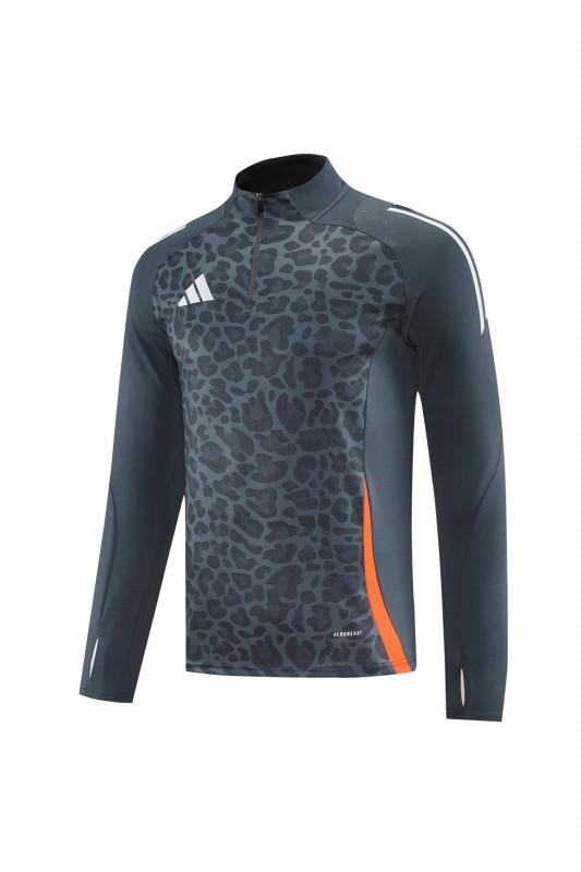 2025 Adidas Dark Grey & Black with Leopard Print Pattern and Orange Accents Half Zipper Jacket +Long Pants