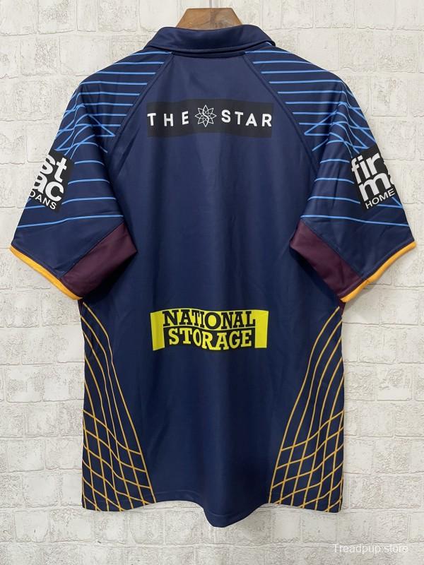 25/26 Brisbane Broncos Maroon with Blue Striped Sleeves and Gold Geometric Jersey