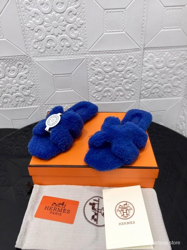 H Hermes Teddy Wool H Slippers Flat Sole Fur Slides - LY00240