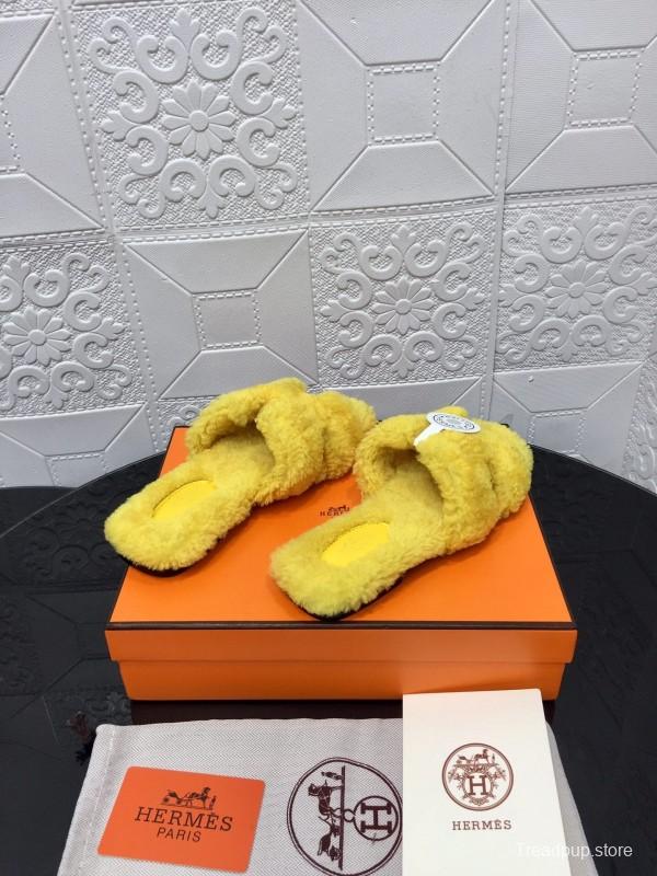 H Teddie Wool H Slippers Flat Sole Fur Slides - LY00240