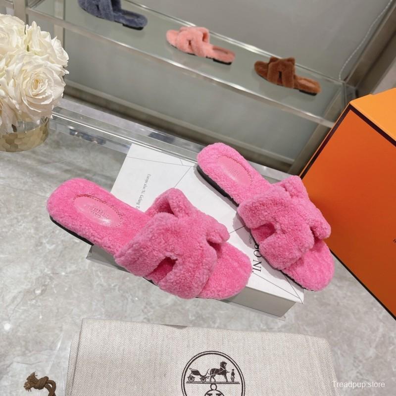 H Teddy Wool H Slippers Flat Sole Autumn Winter - LY00240