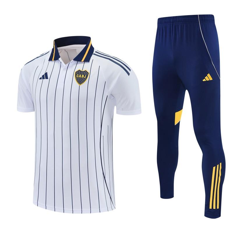 26/27 Boca White Stripes Polo Training Shirt + Long Pants Tracksuit