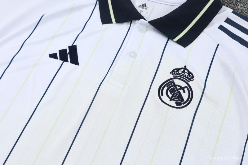 26/27   Real Madrid White Stripes Polo Training Shirt + Long Pants Tracksuit