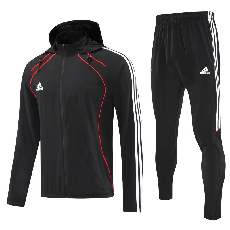 26/27 Adidas Black With Red logo Full Zipper Hooded Jacket Tracksuit + Long Pants