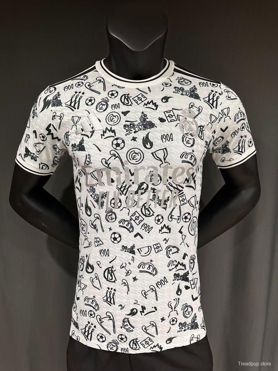 Player Version 25/26 Real Madrid White with Football Icons Pattern Jersey